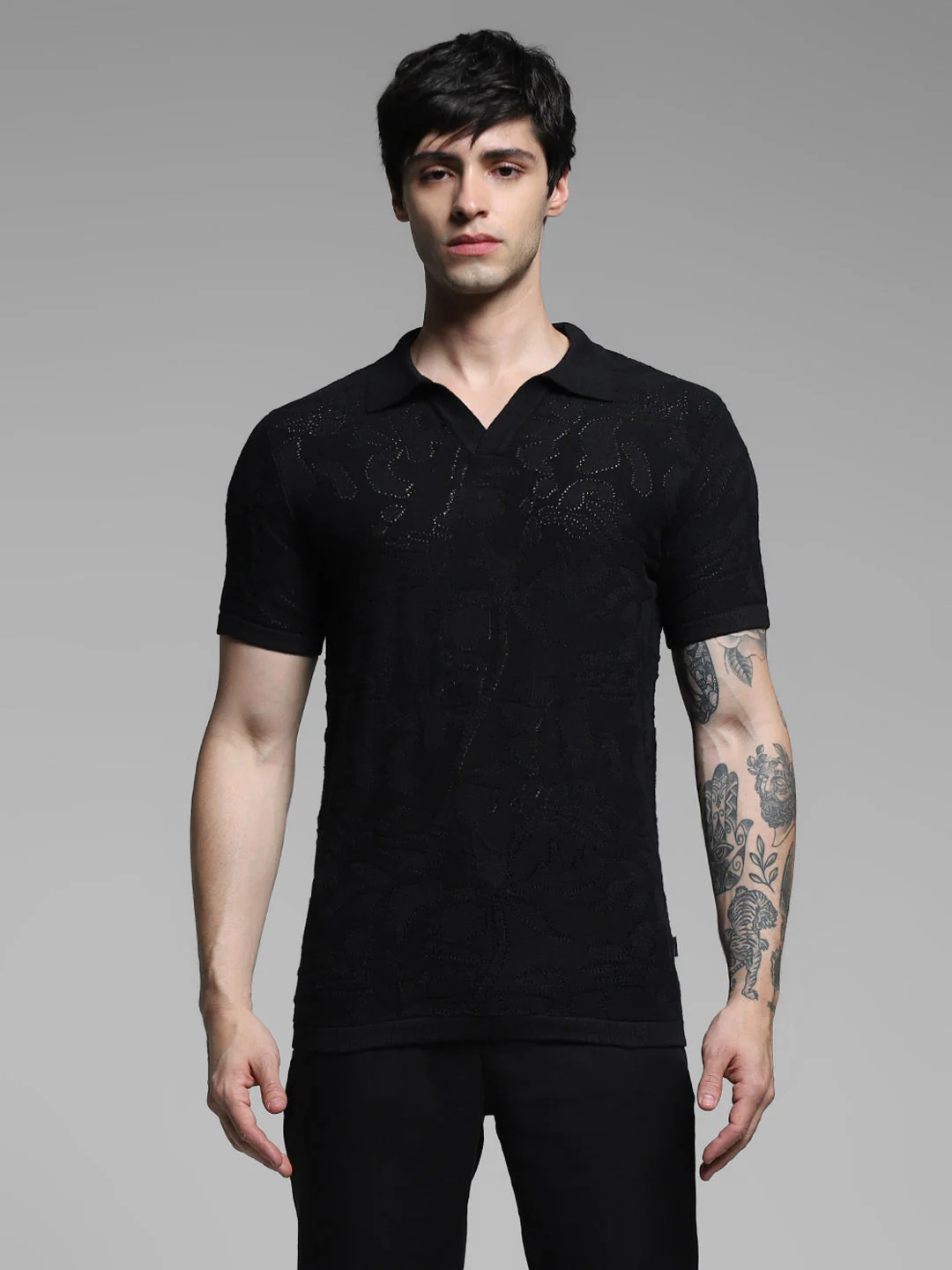 Black Cotton Jacquard Knit Polo - Image 8