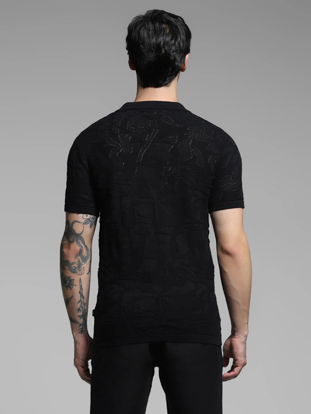 Black Cotton Jacquard Knit Polo - Image 9