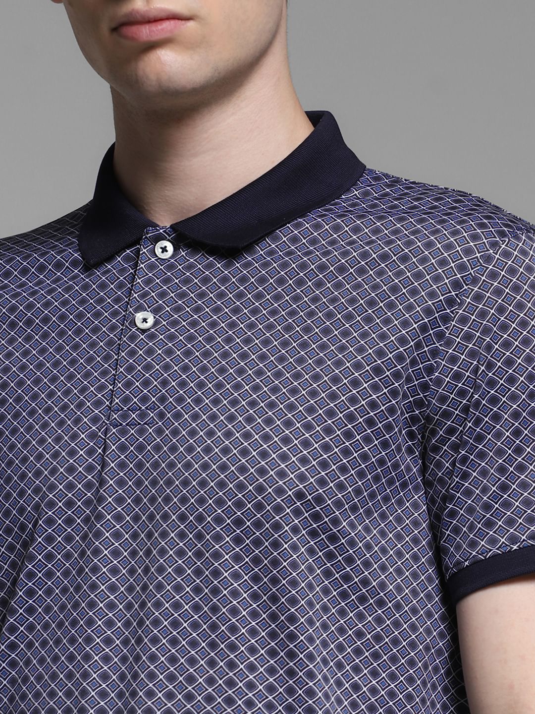 Dark Blue Cotton Printed Polo - Image 5
