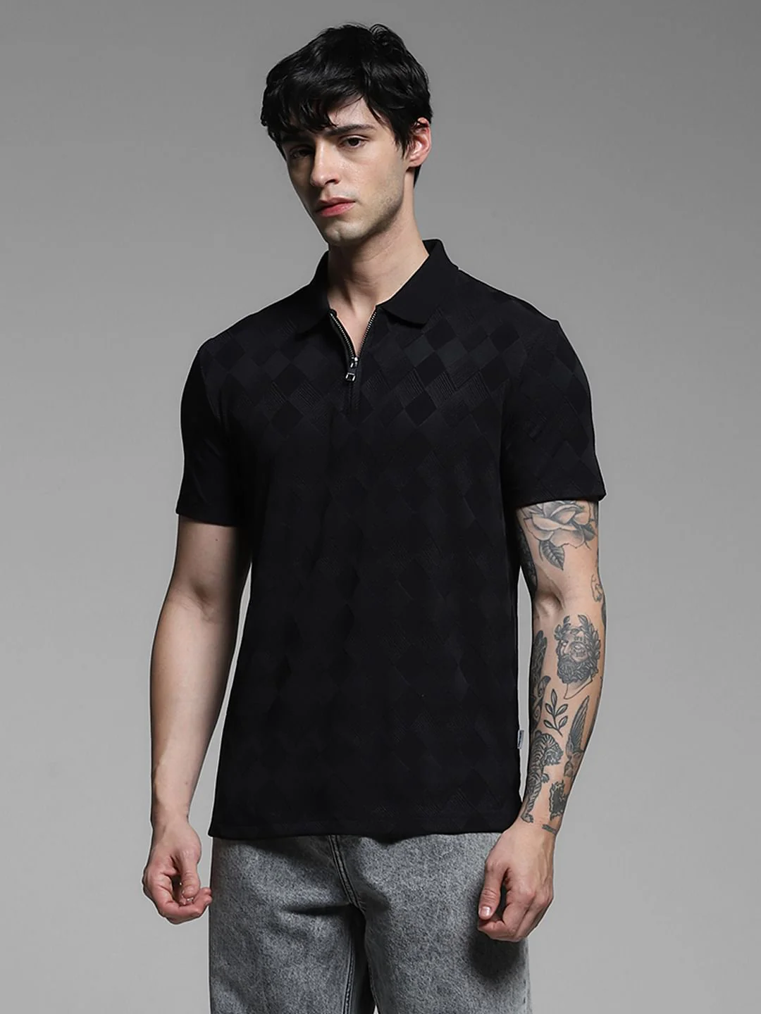 Black Textured Zip-Up Polo - Image 2