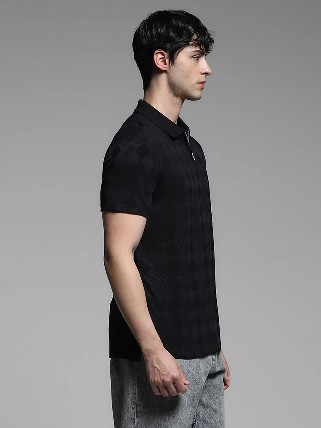 Black Textured Zip-Up Polo - Image 3