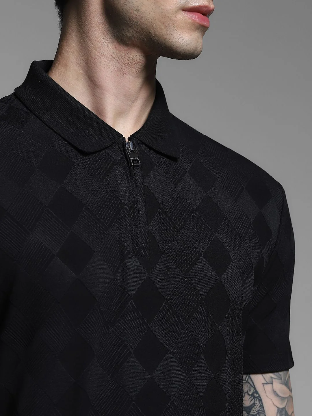 Black Textured Zip-Up Polo - Image 5