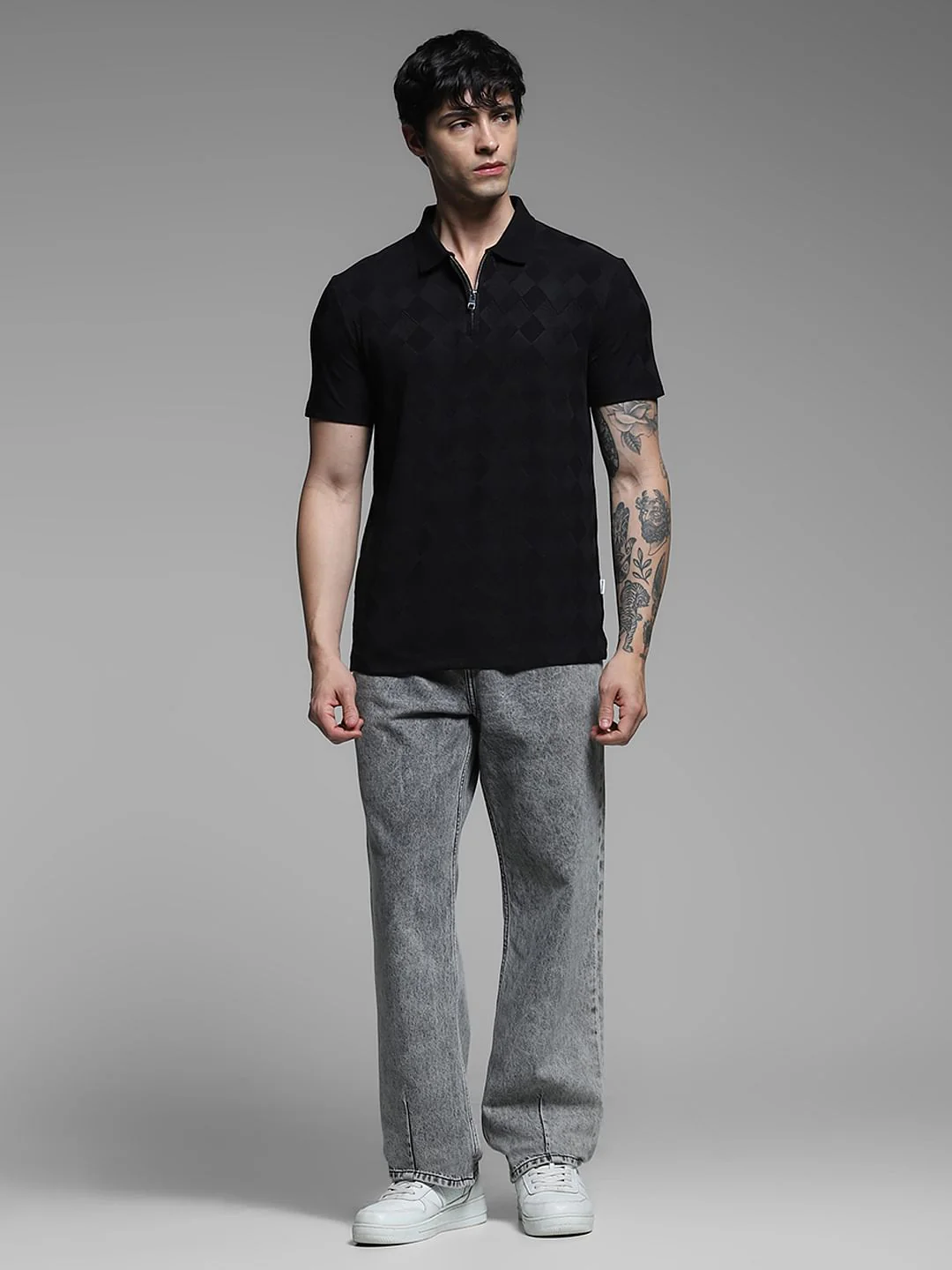 Black Textured Zip-Up Polo - Image 6