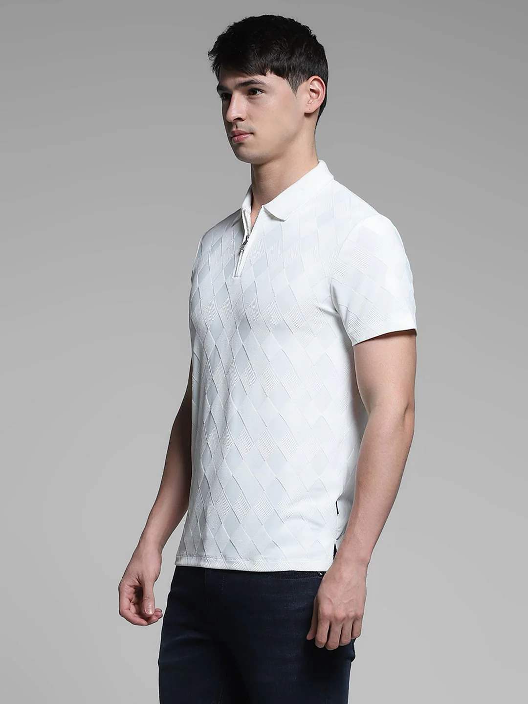 White Textured Zip-Up Polo - Image 3