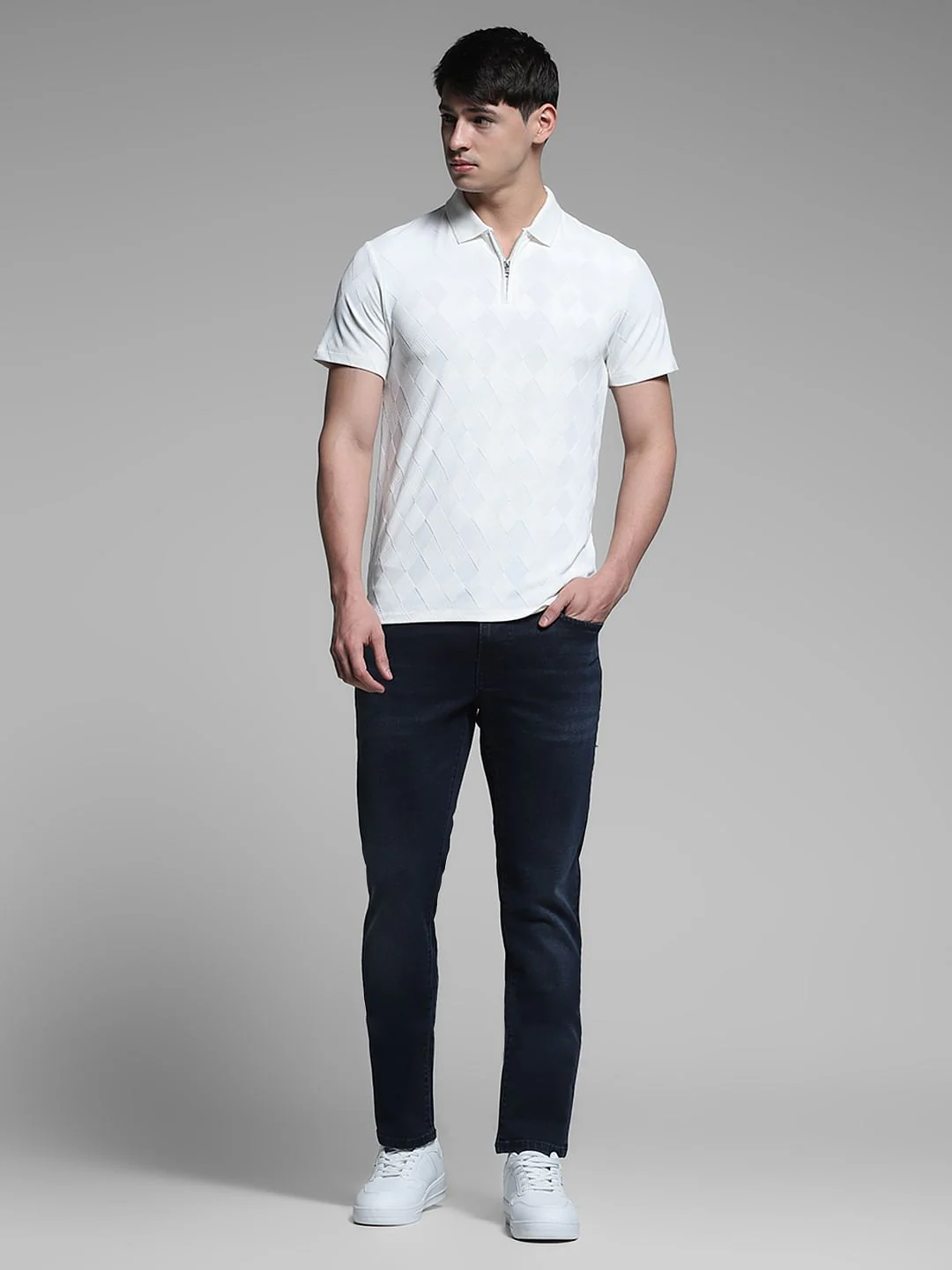 White Textured Zip-Up Polo - Image 6