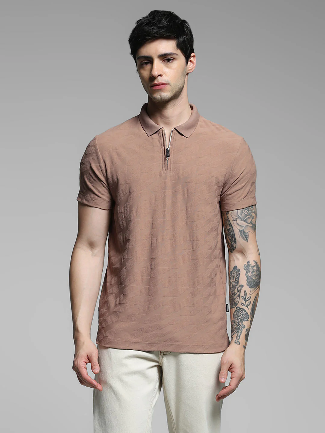 Brown Textured Zip Detail Polo - Image 2