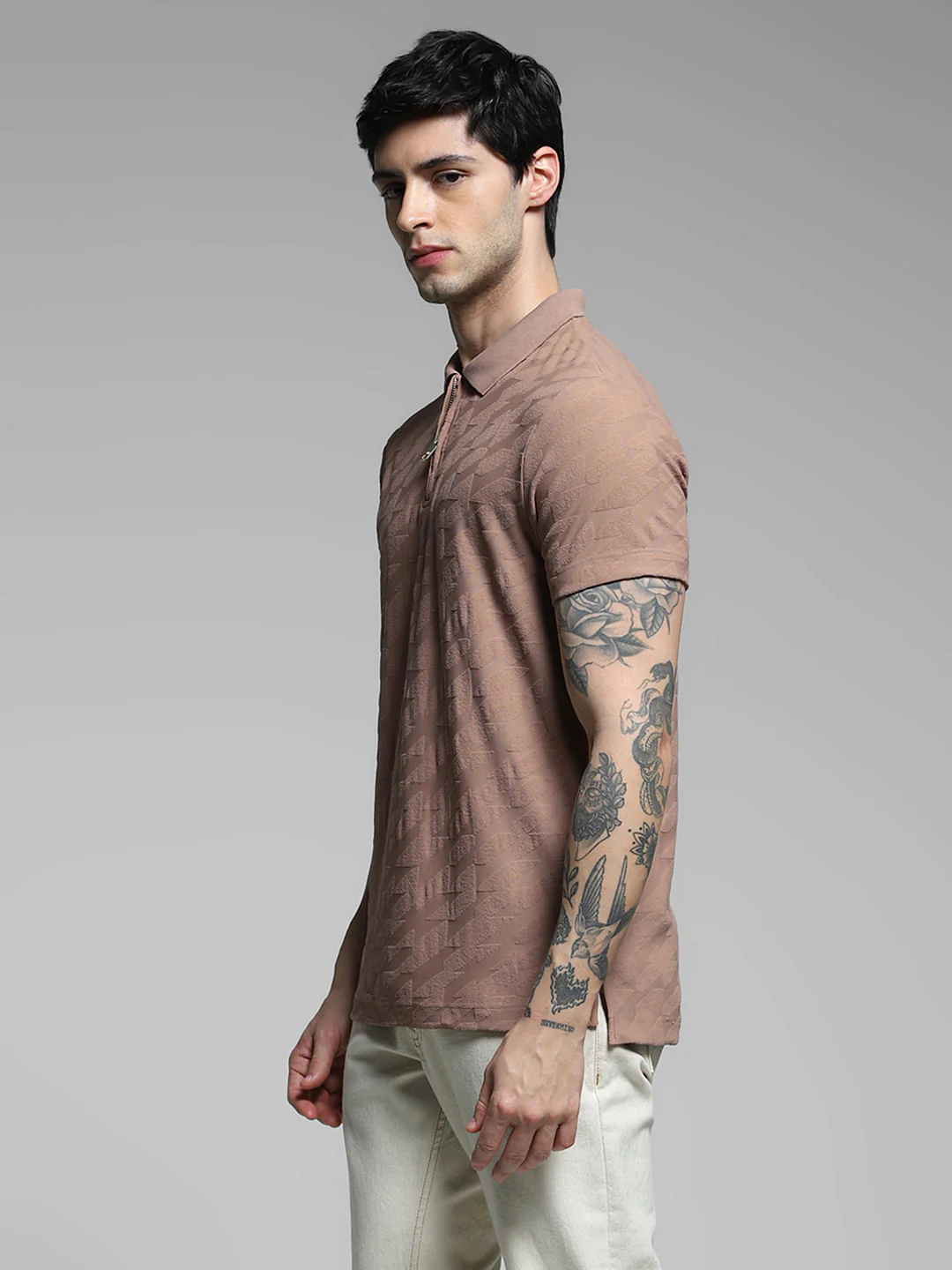 Brown Textured Zip Detail Polo - Image 3