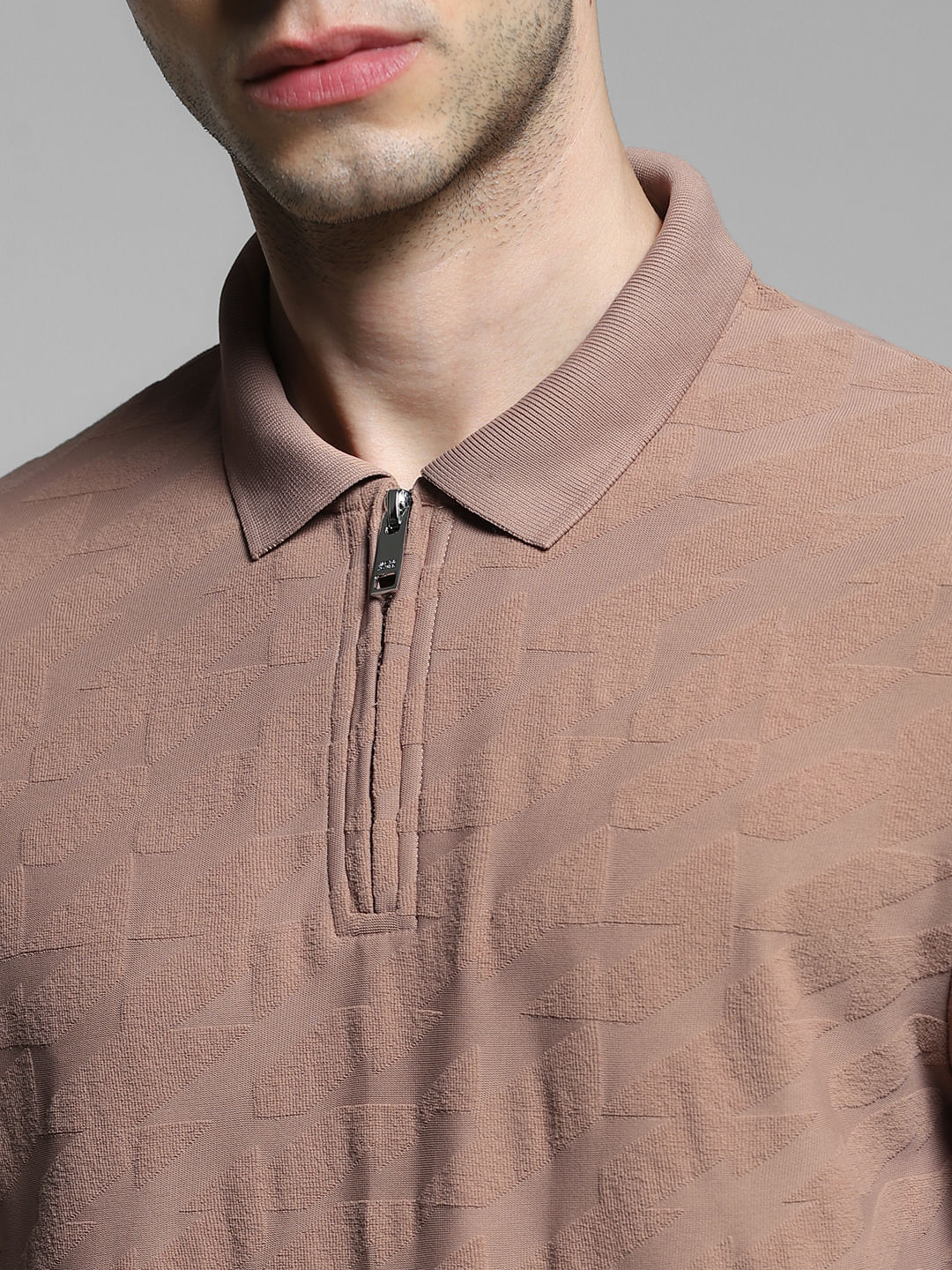 Brown Textured Zip Detail Polo - Image 5