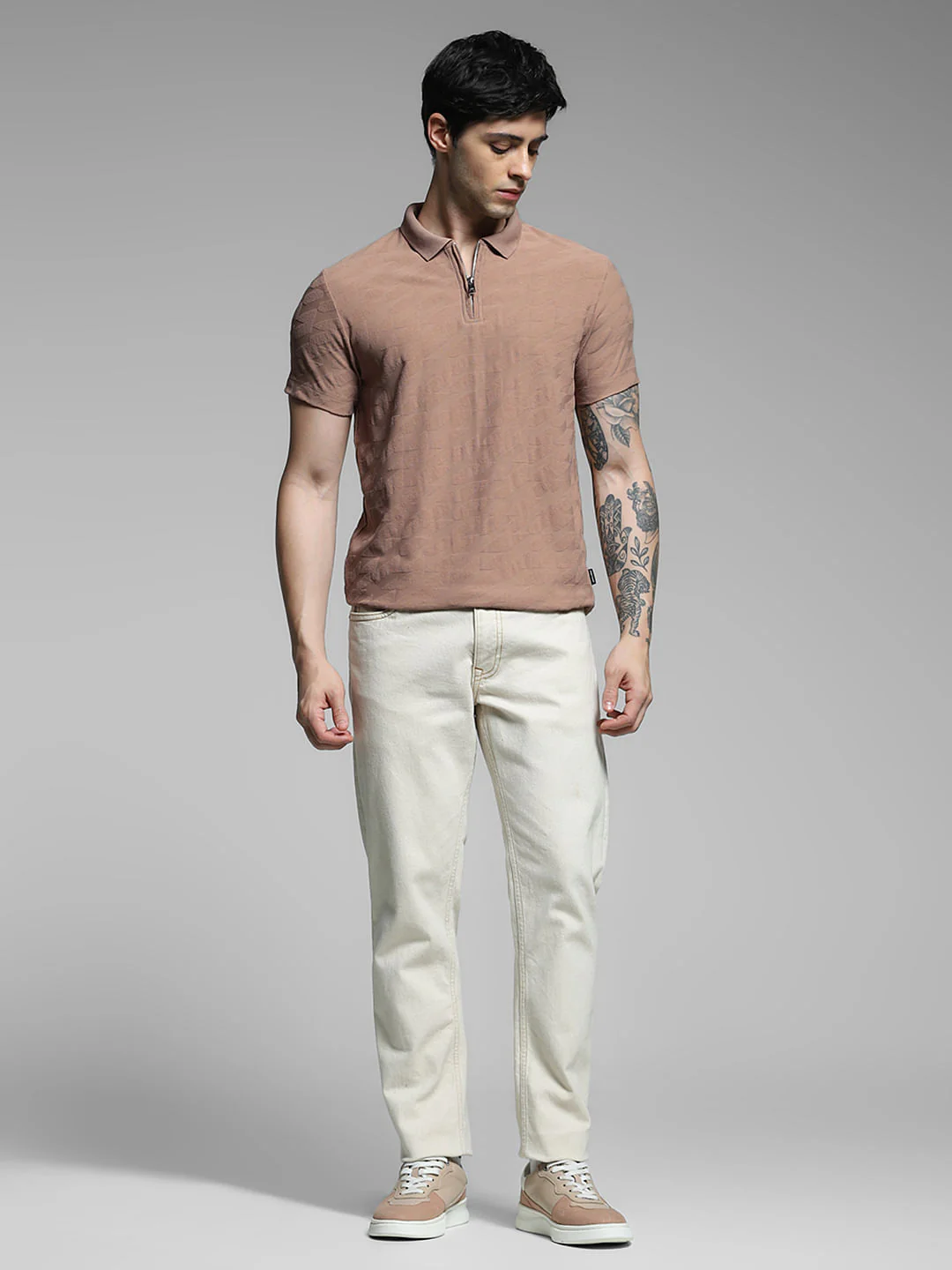 Brown Textured Zip Detail Polo - Image 6