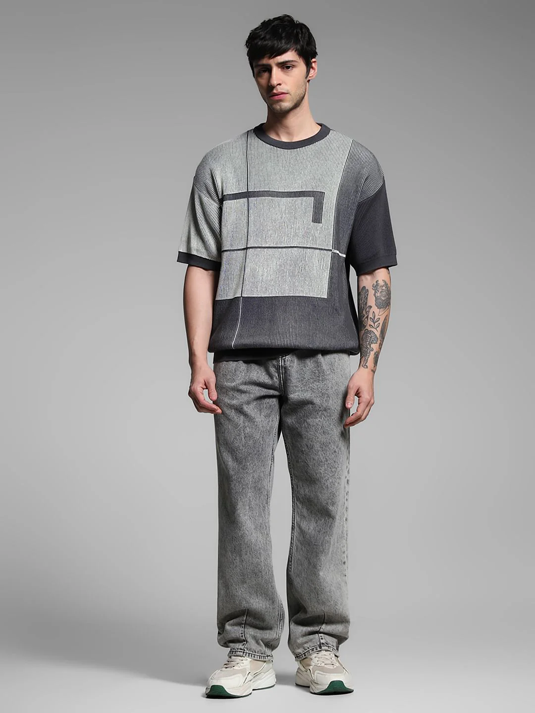 Grey Knitted Geometric Print T-Shirt - Image 6
