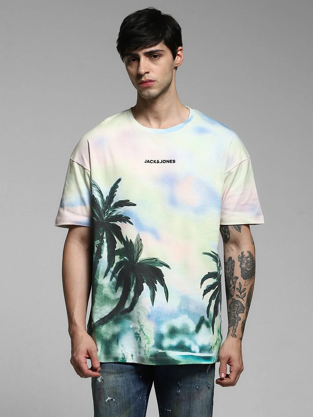Light Yellow Tropical Print Oversized T-shirt - Image 2