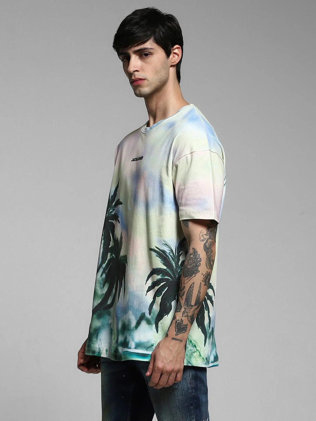 Light Yellow Tropical Print Oversized T-shirt - Image 3