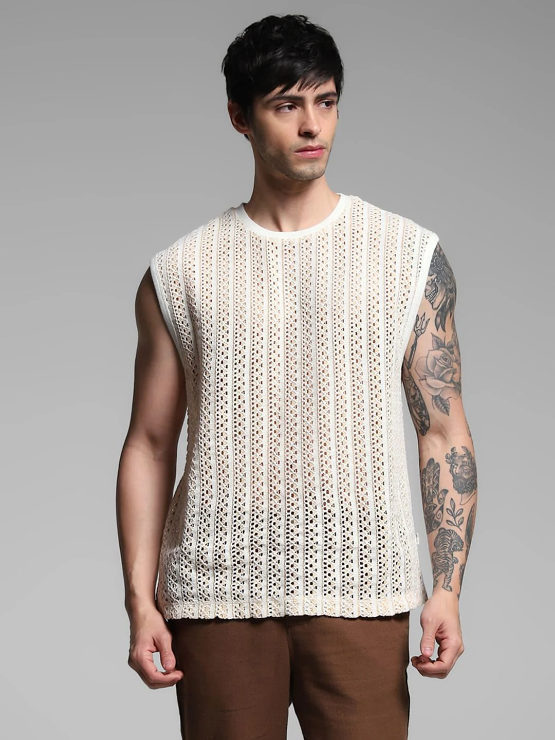Light Brown Knitted Crew Neck Vest - Image 2