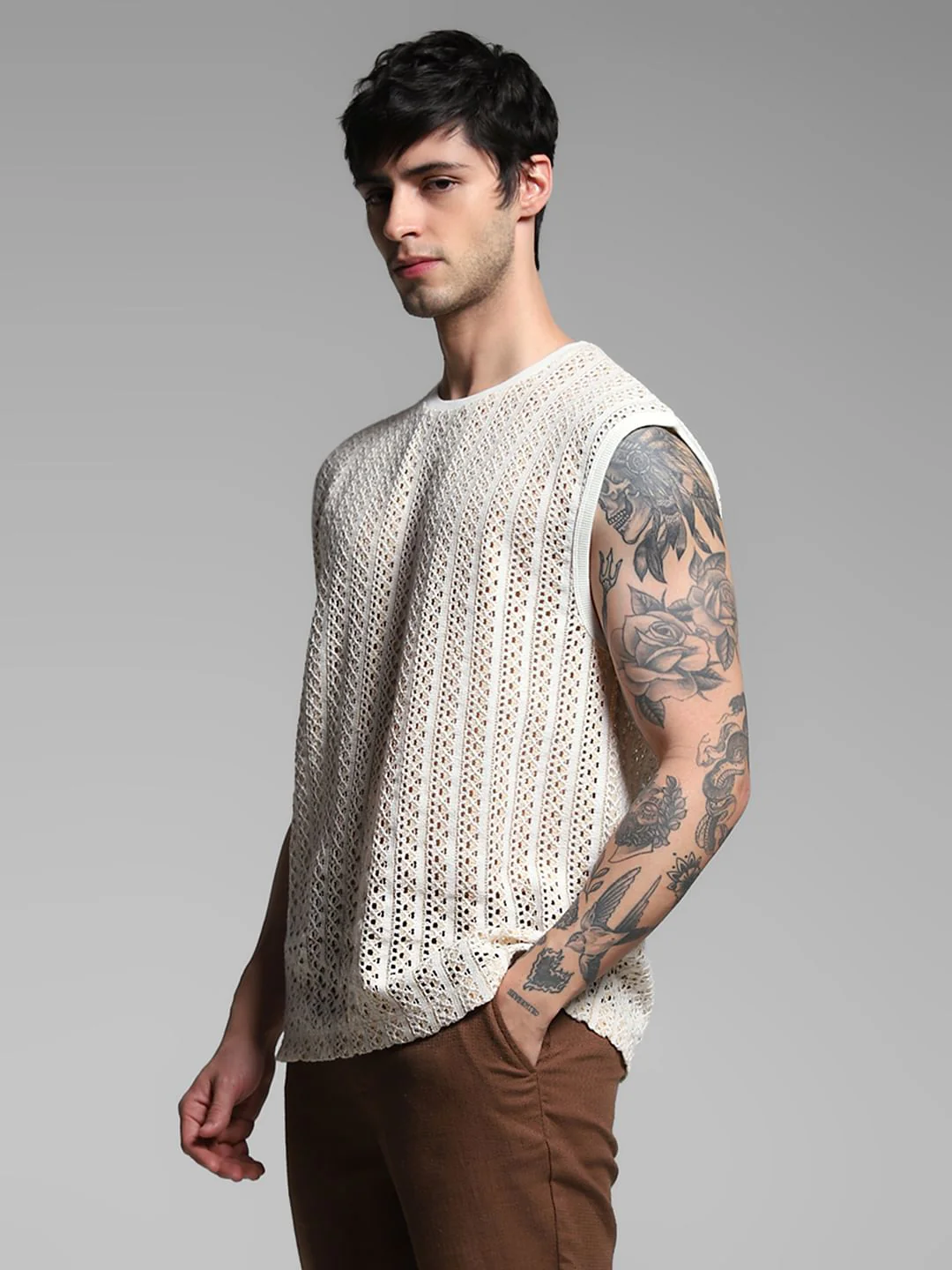 Light Brown Knitted Crew Neck Vest - Image 3
