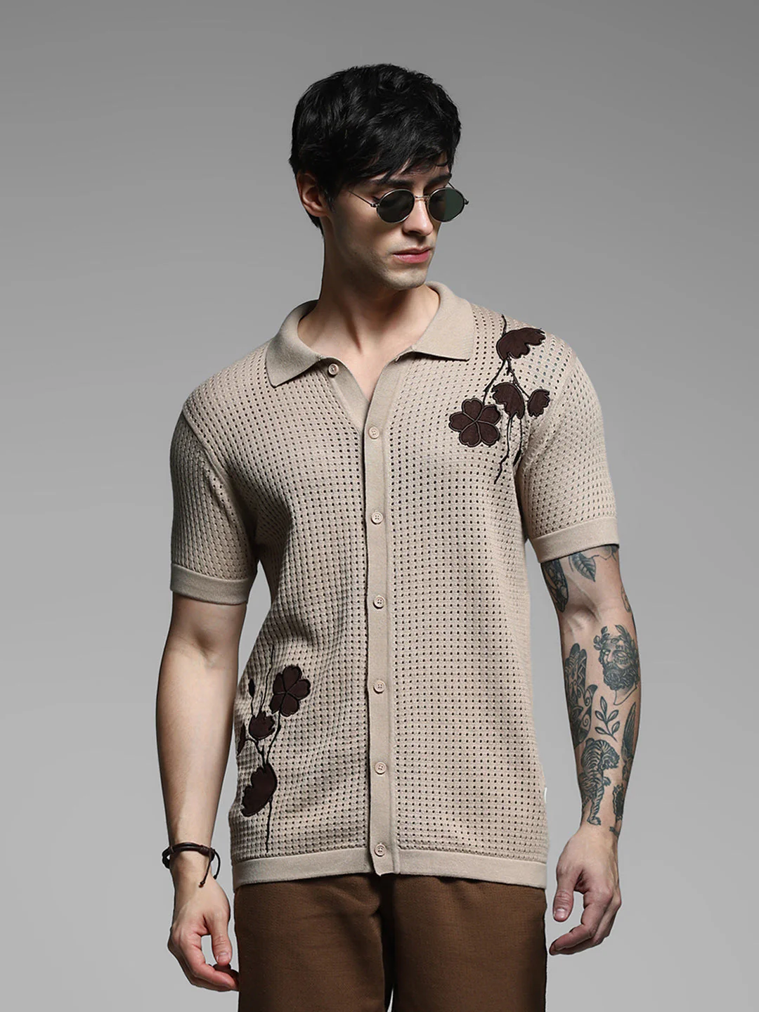 Brown Applique Front Open Polo