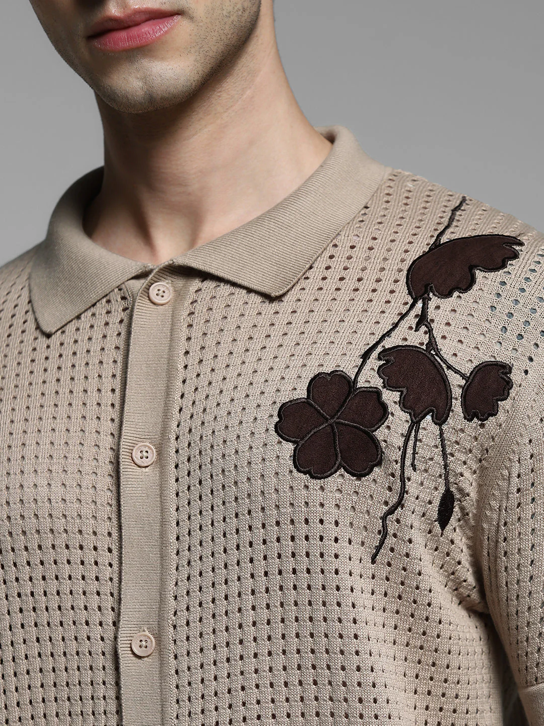 Brown Applique Front Open Polo - Image 5