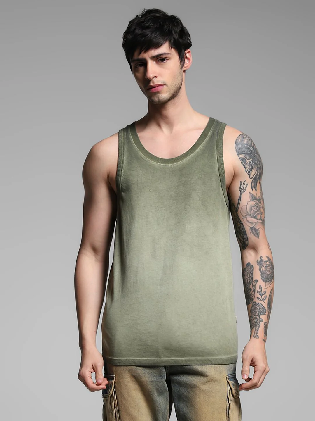 Green Washed Crew Neck Cotton Vest - Image 2