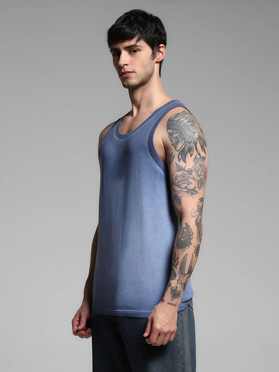 Blue Washed Crew Neck Cotton Vest - Image 3