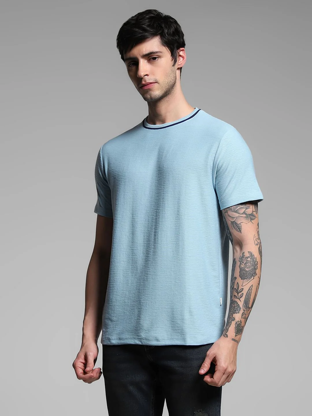 Light Blue Jacquard Crew Neck T-shirt - Image 2