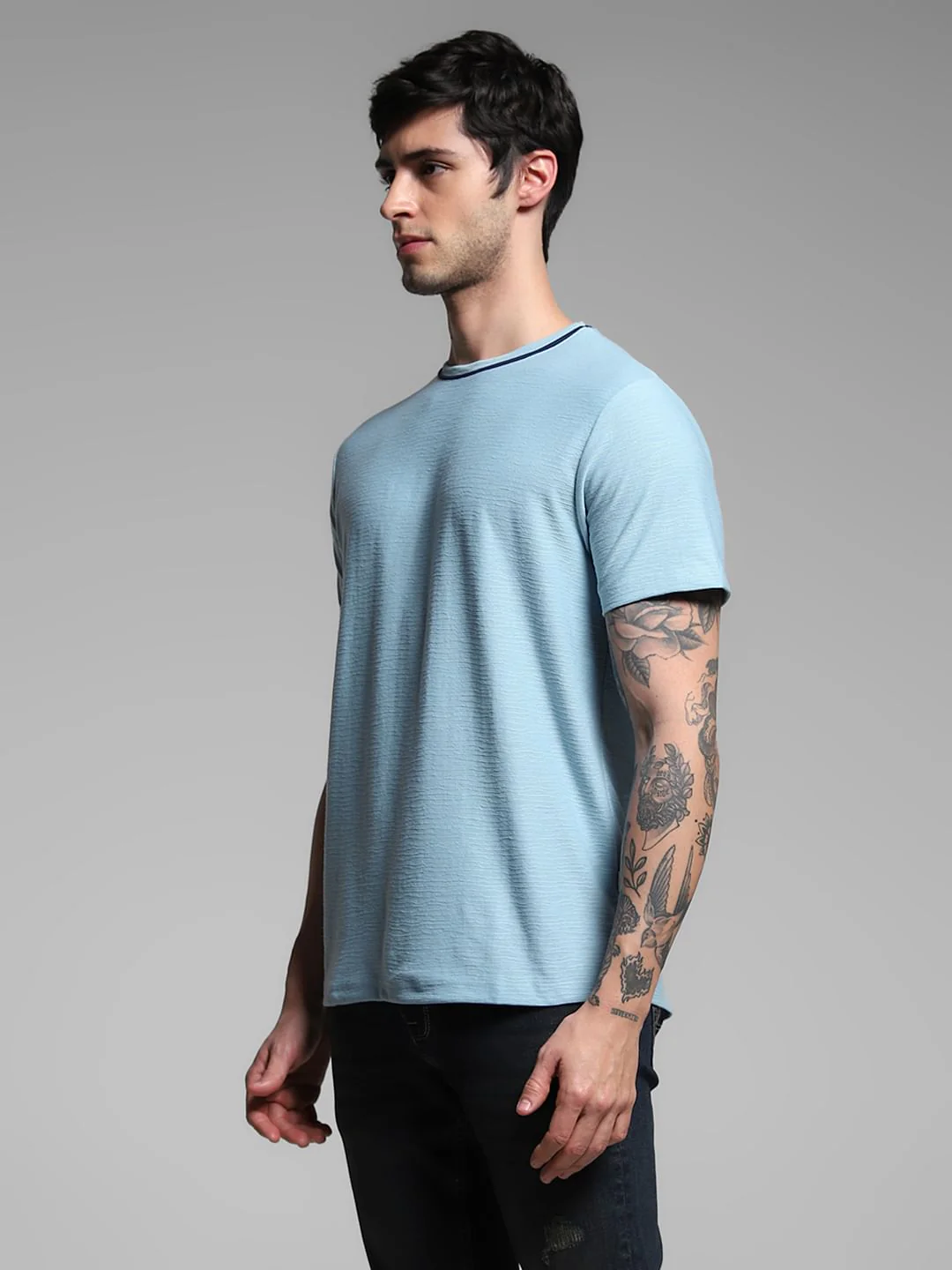 Light Blue Jacquard Crew Neck T-shirt - Image 3