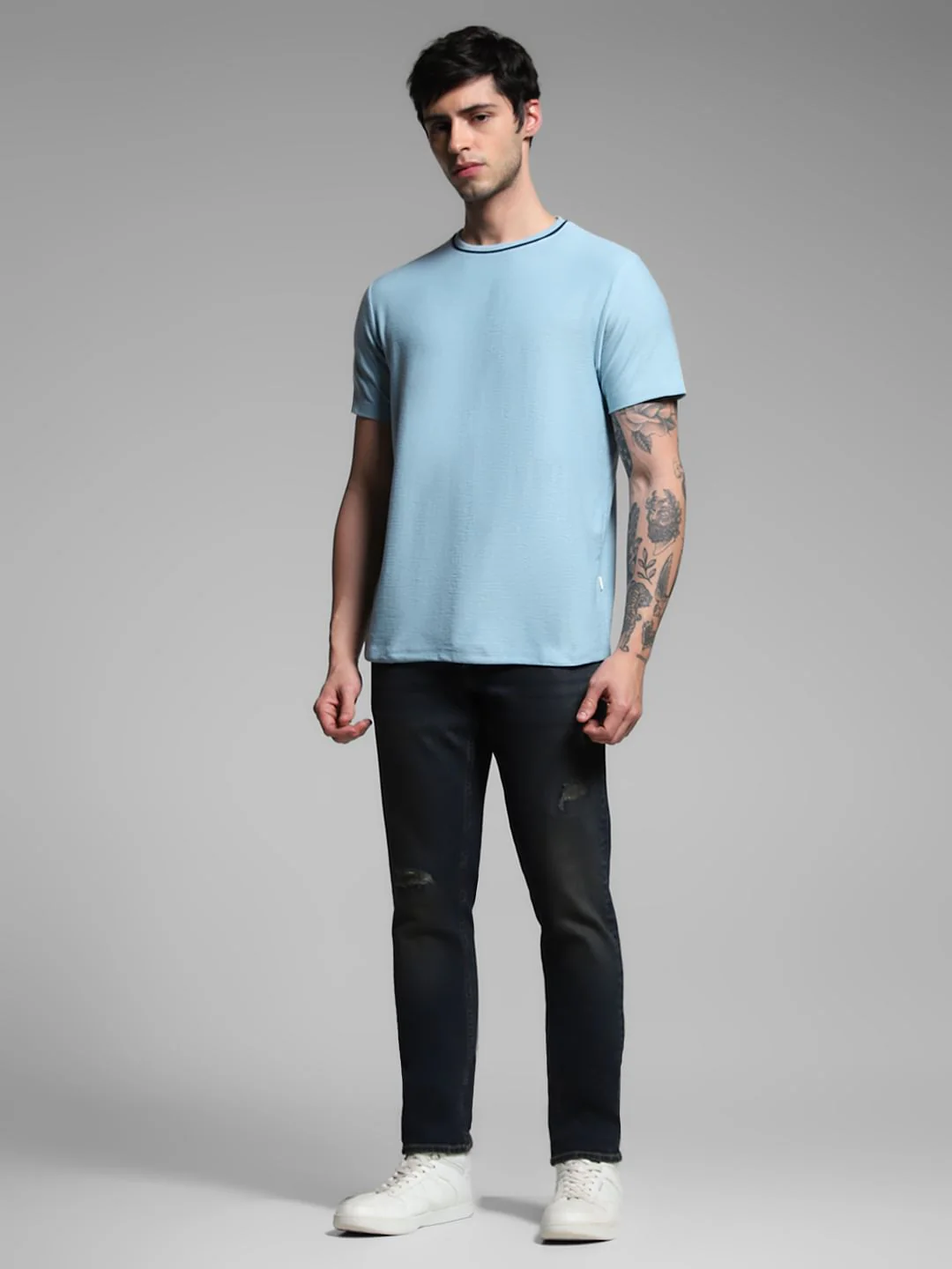 Light Blue Jacquard Crew Neck T-shirt - Image 6