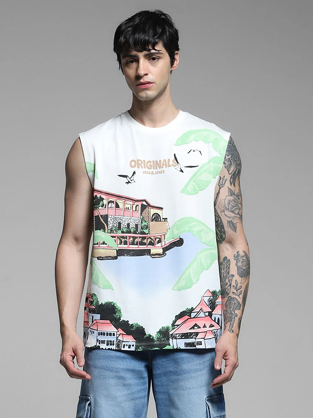 White Graphic Print Cotton Vest - Image 2