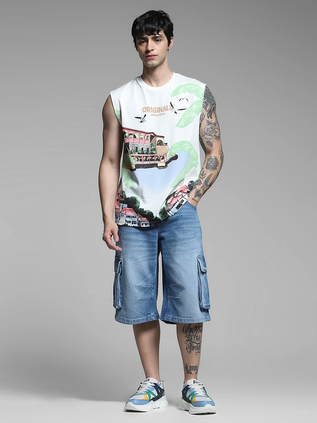 White Graphic Print Cotton Vest - Image 6