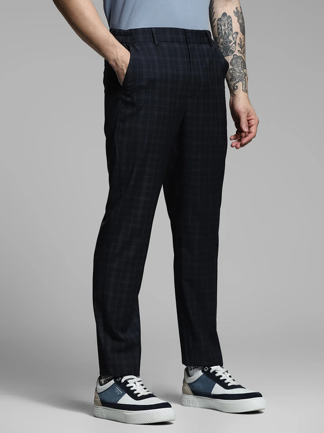 Navy Blue Check Print Pants - Image 2