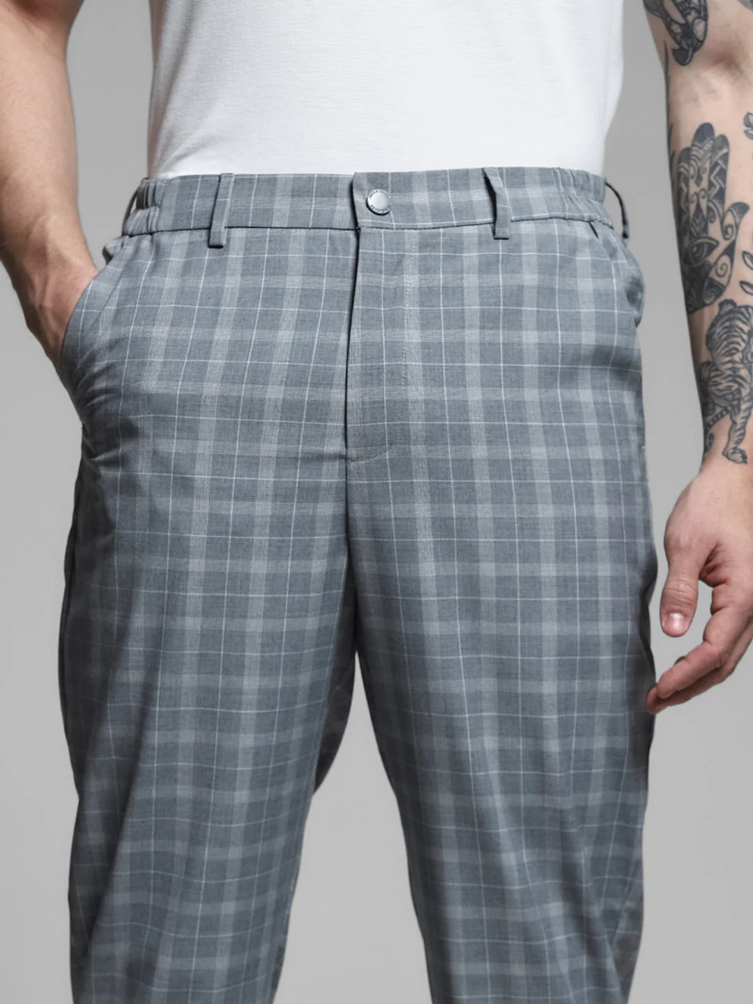 Light Grey Check Print Pants - Image 4