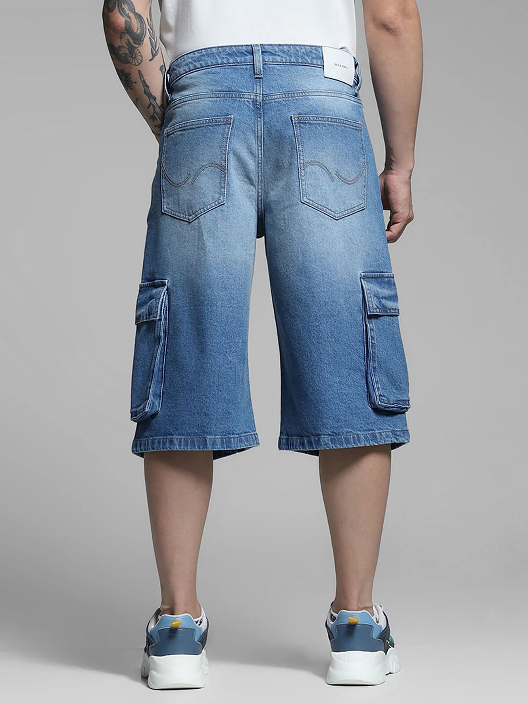 Blue Mid Rise Denim Cargo Shorts - Image 3