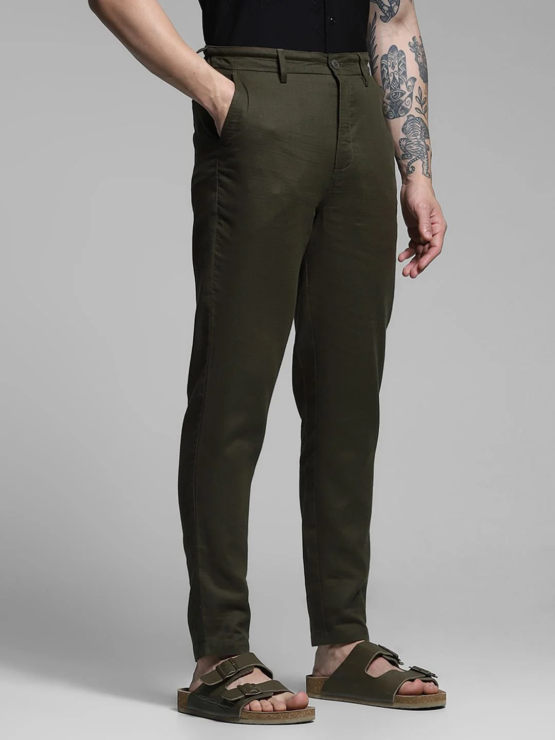 Olive Green Mid Rise Cotton Pants - Image 2