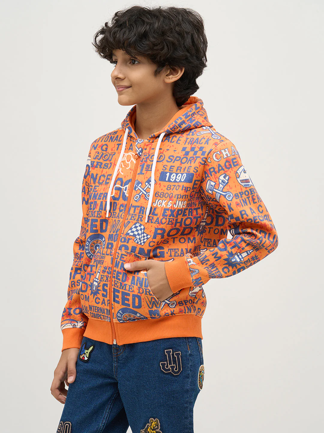 Boys Orange Printed Zip-Up Sweatshirt - Image 3