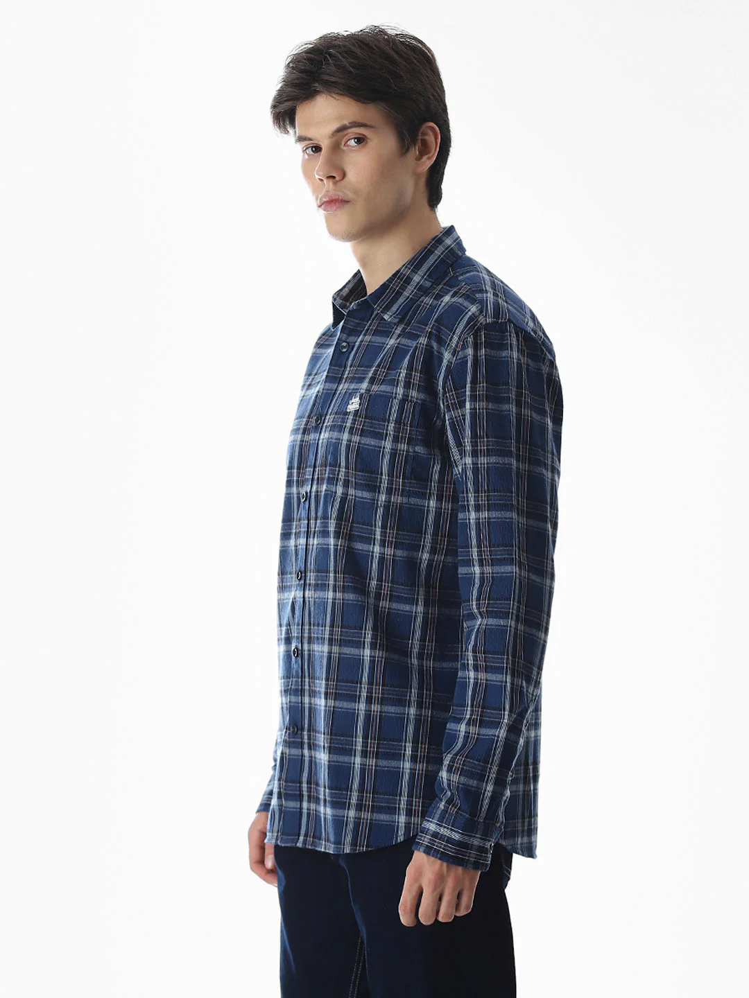 Dark Blue Check Cotton Shirt - Image 3