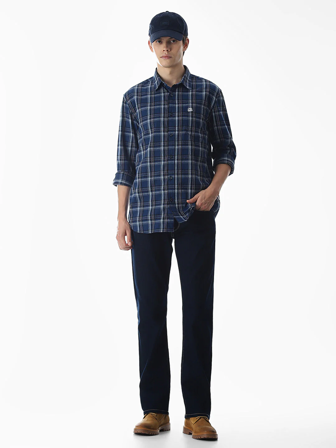 Dark Blue Check Cotton Shirt - Image 6