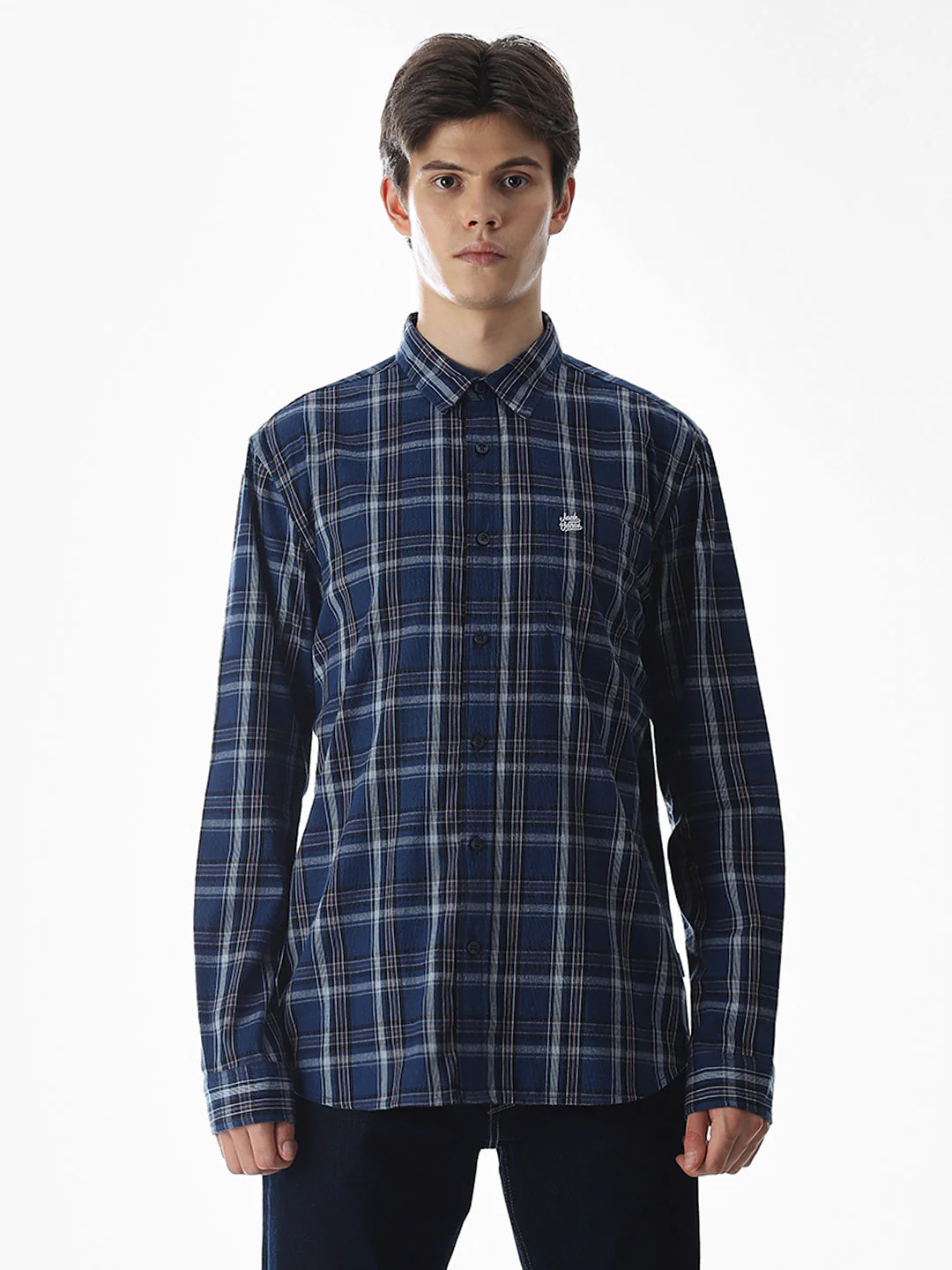 Dark Blue Check Cotton Shirt - Image 8