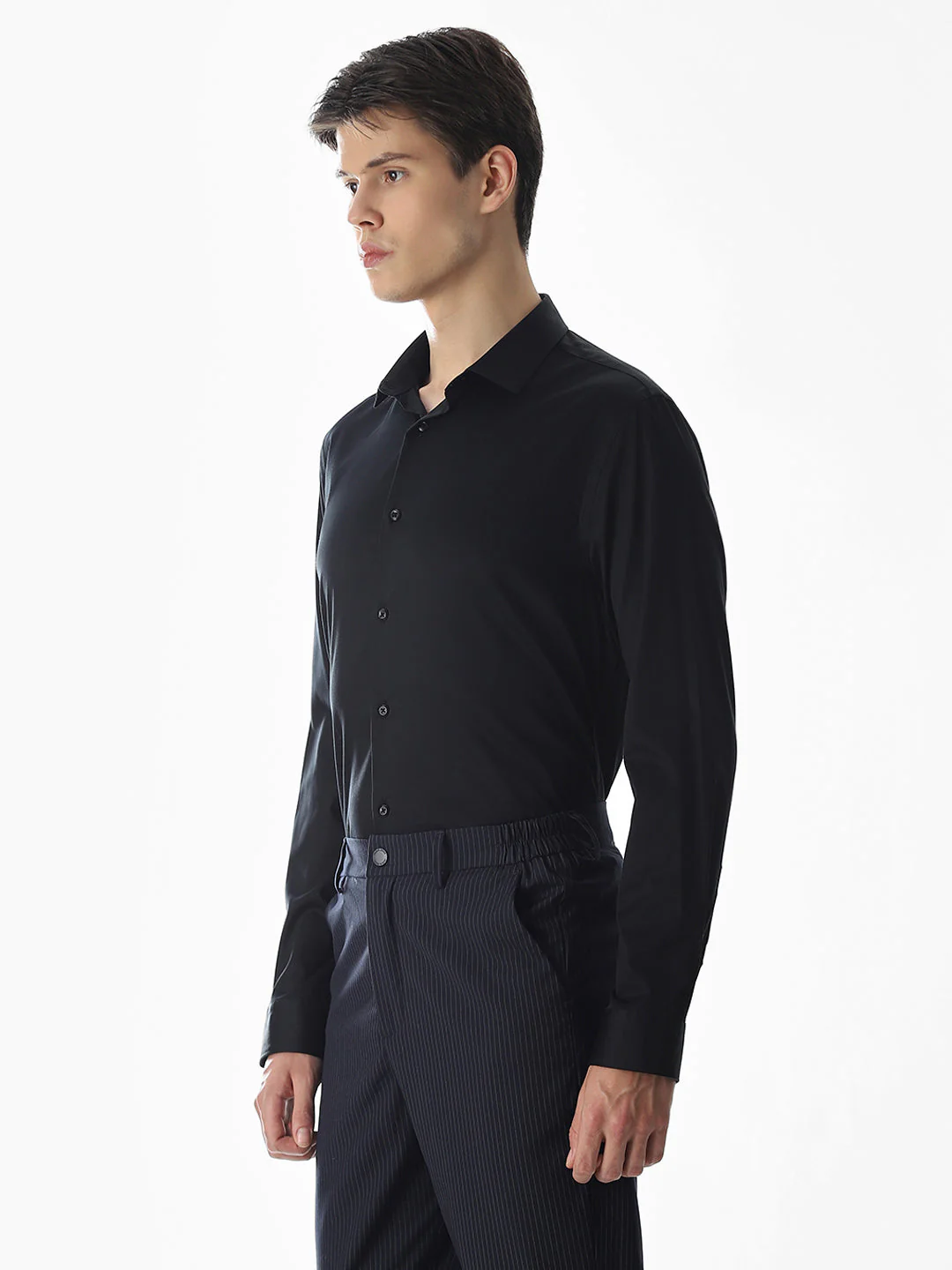 Stretch Slim Fit Full Sleeves Shirt - Black - Image 3