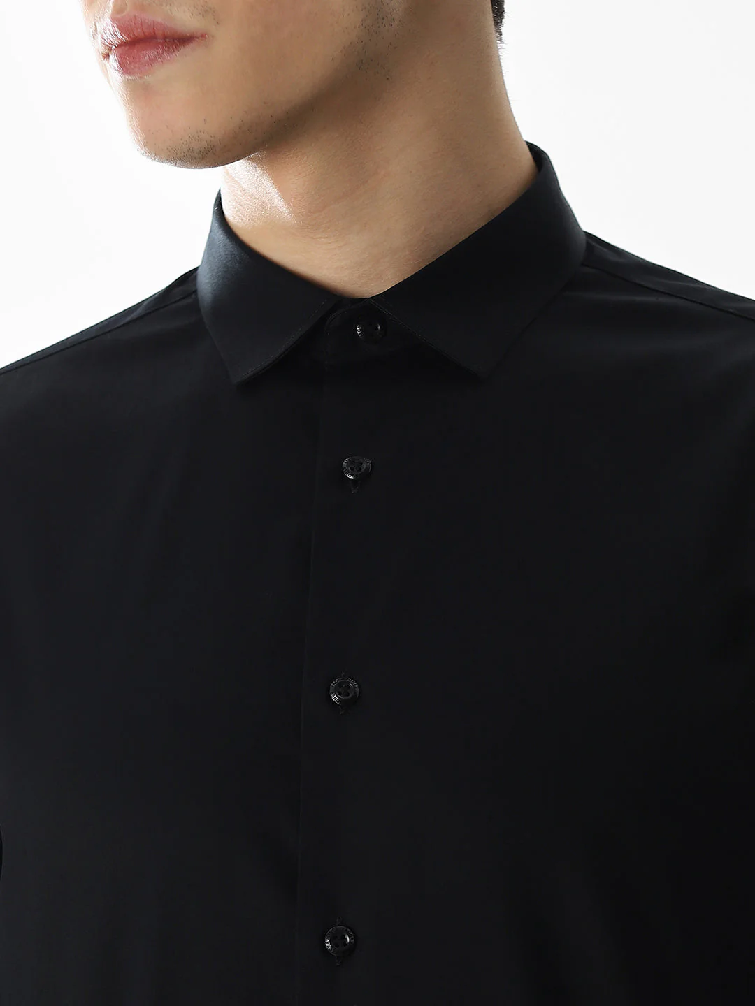 Stretch Slim Fit Full Sleeves Shirt - Black - Image 5