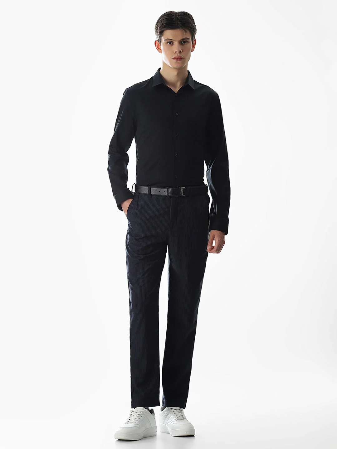 Stretch Slim Fit Full Sleeves Shirt - Black - Image 6