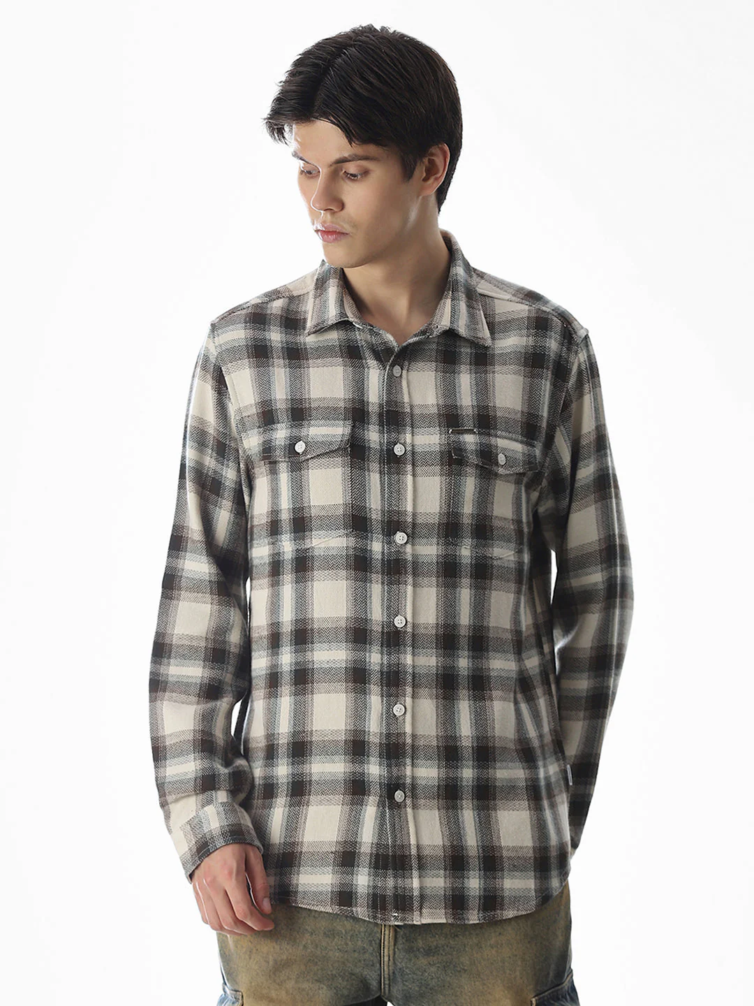 Beige Check Cotton Shirt - Image 2