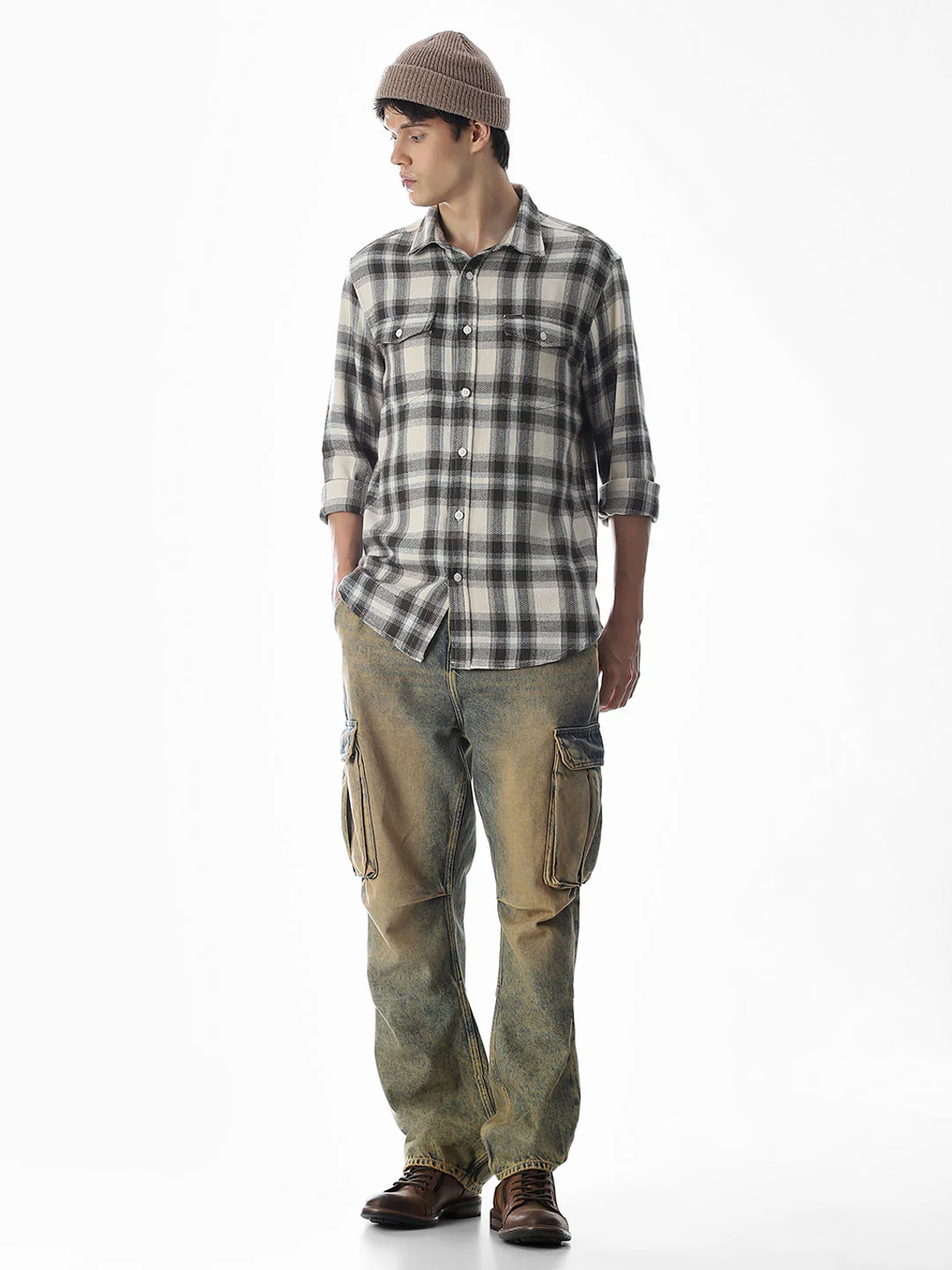 Beige Check Cotton Shirt - Image 6