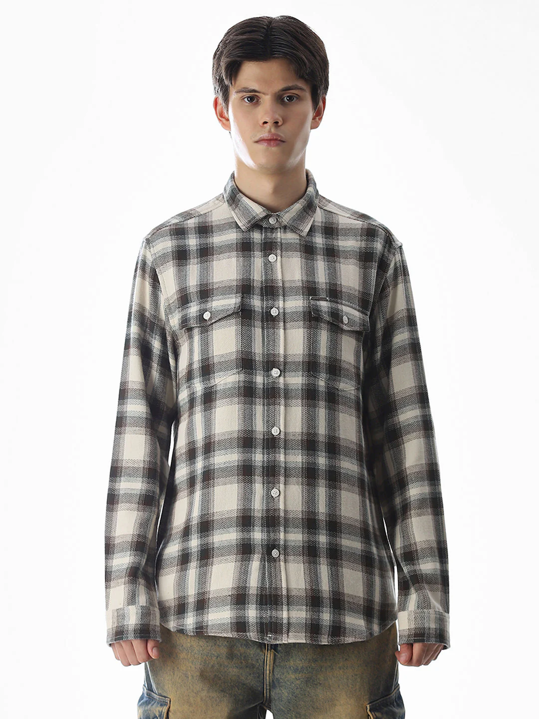 Beige Check Cotton Shirt - Image 8