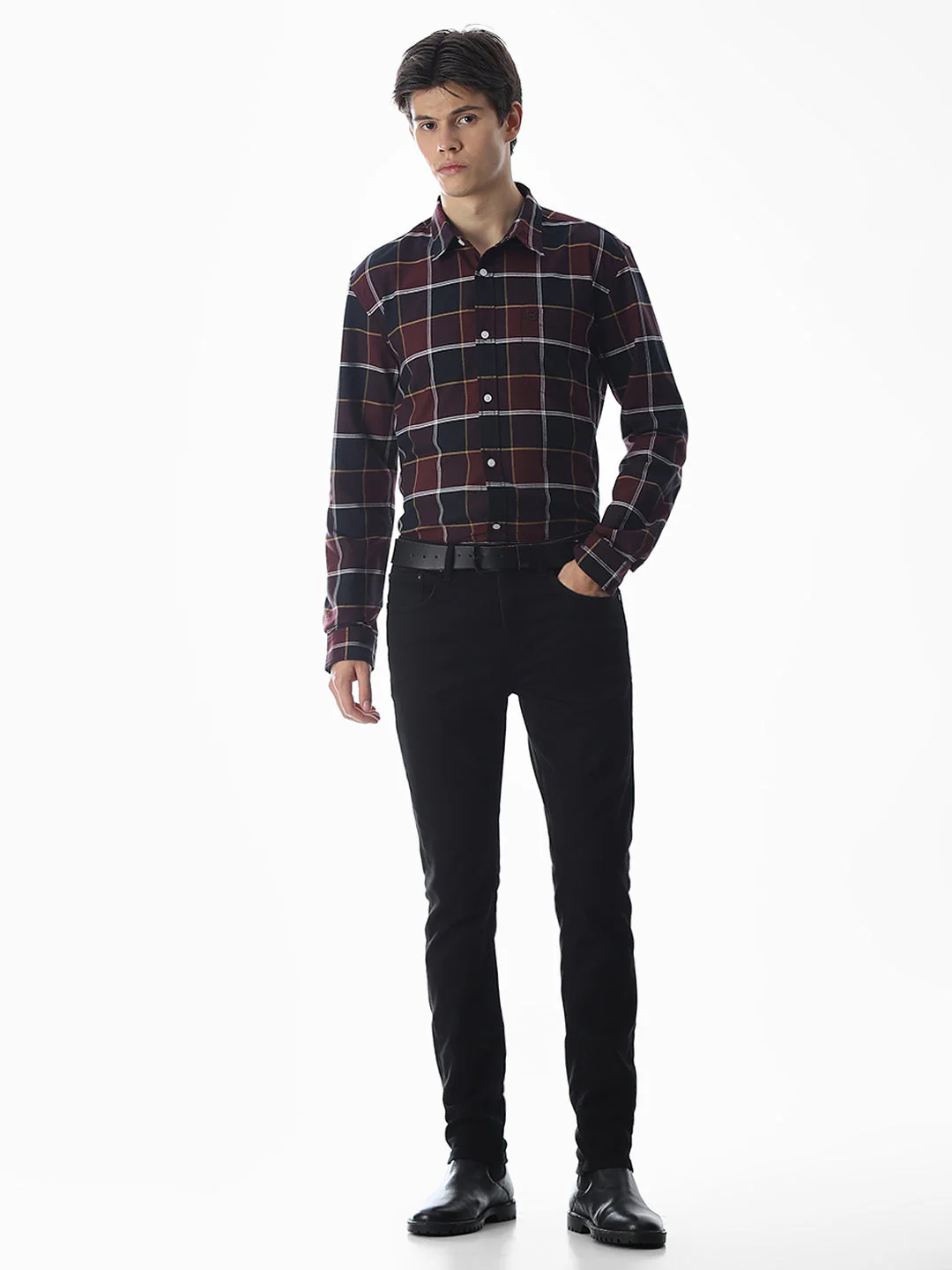 Check Cotton Shirt - Maroon - Image 6