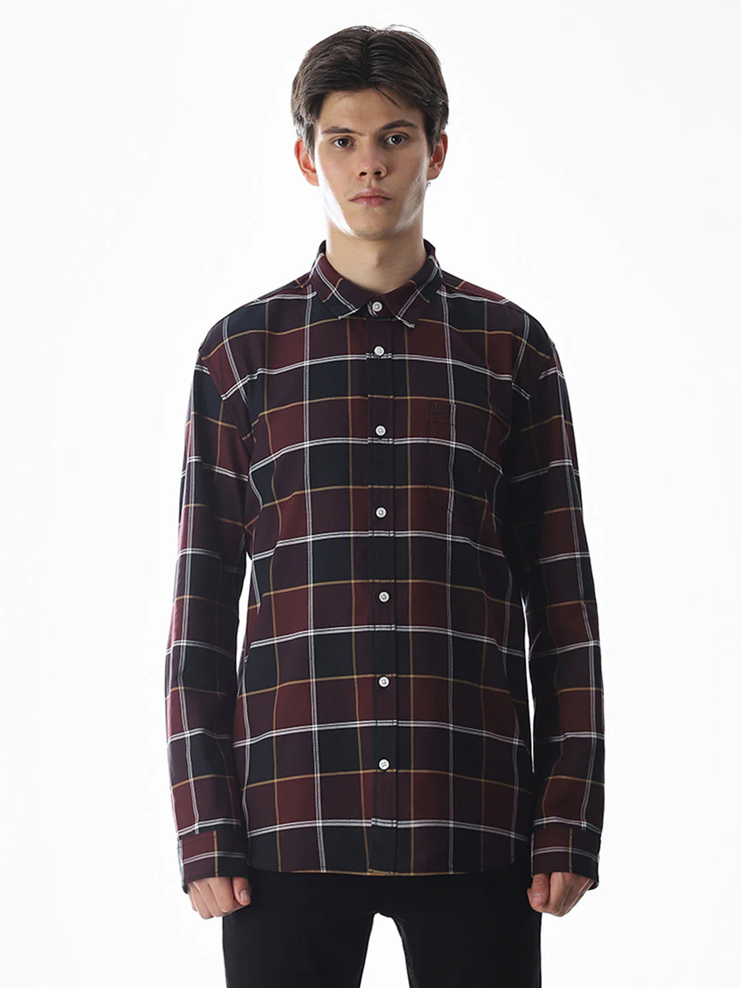 Check Cotton Shirt - Maroon - Image 8