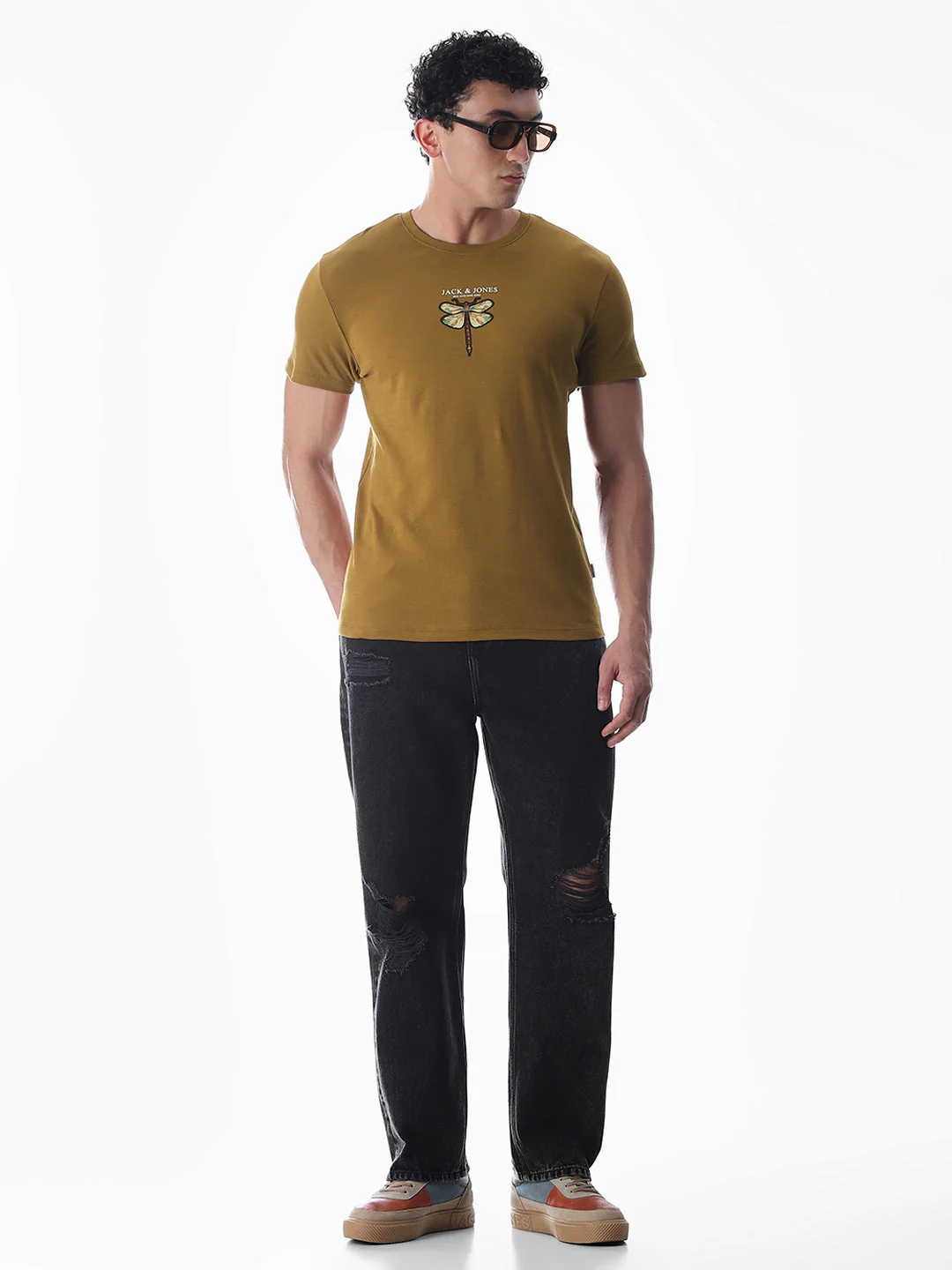 Dragonfly Print Cotton T-shirt -Brown - Image 6