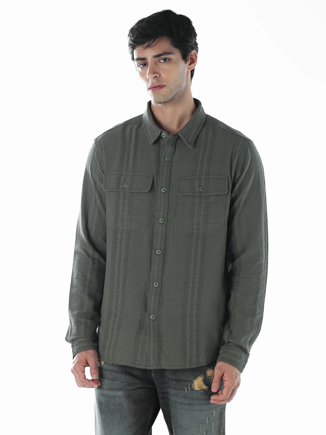 Dark Green Cotton Oversized Shirt - Image 2