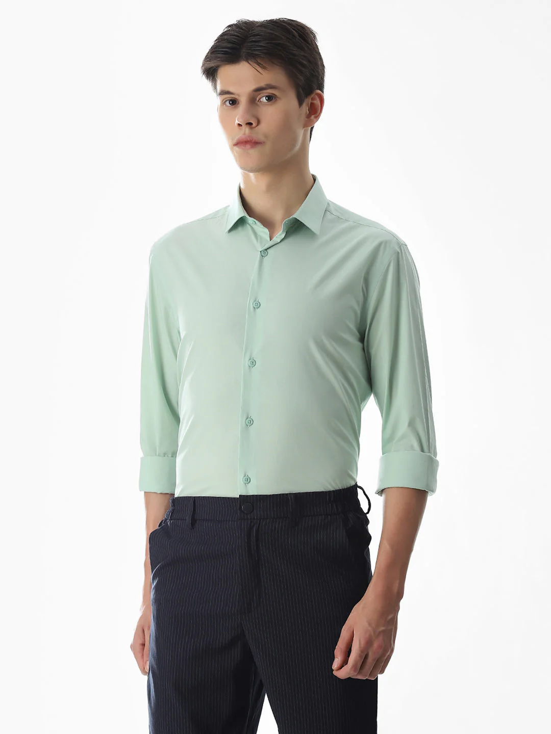 Stretch Slim Fit Full Sleeves Shirt - Light Green - Image 2