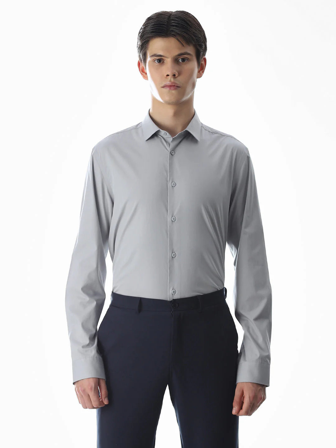 Stretch Slim Fit Full Sleeves Shirt - Light Grey - Image 2