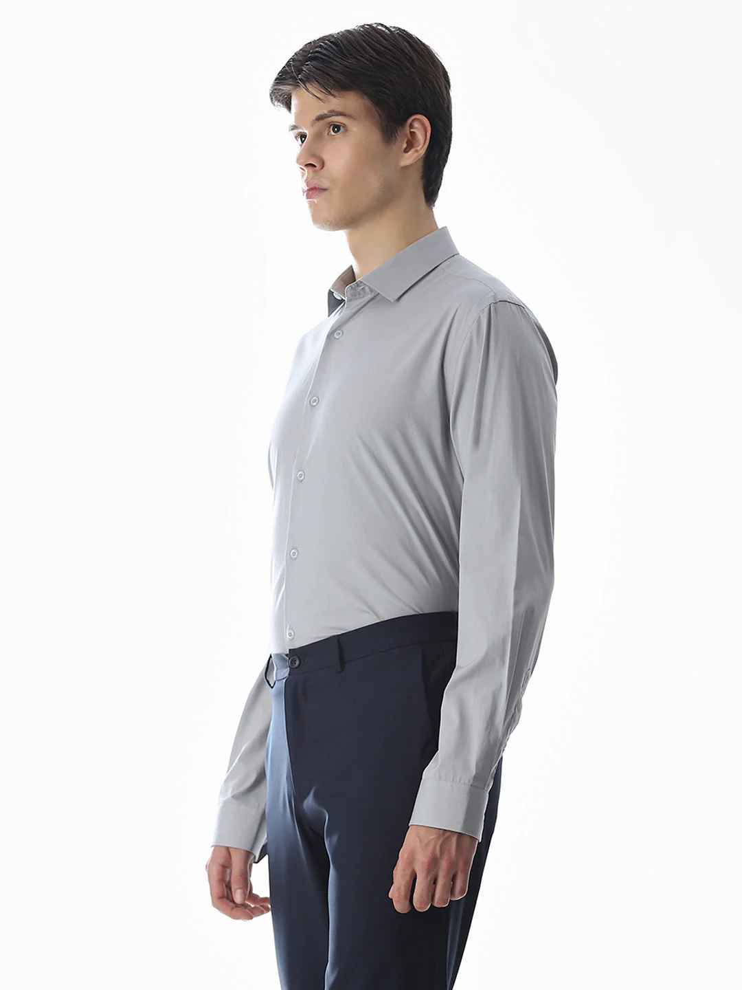 Stretch Slim Fit Full Sleeves Shirt - Light Grey - Image 3