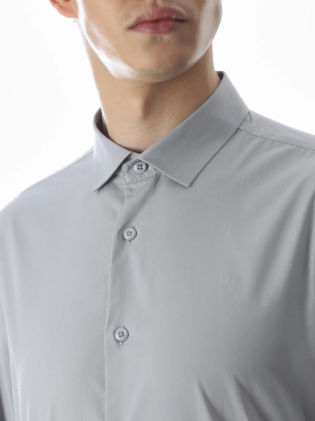 Stretch Slim Fit Full Sleeves Shirt - Light Grey - Image 5