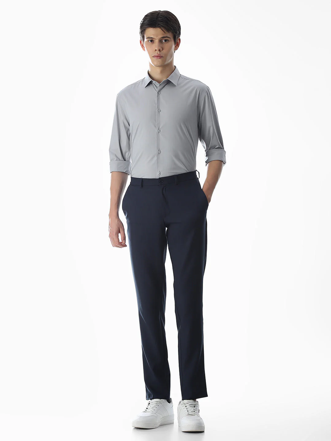 Stretch Slim Fit Full Sleeves Shirt - Light Grey - Image 6